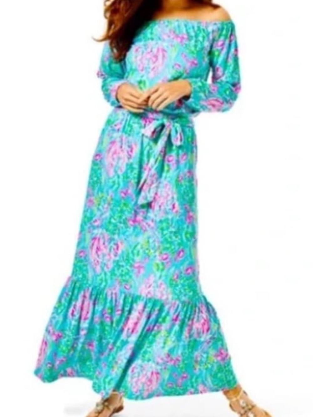 Lilly Pulitzer Odella Maxi Dress Long Sleeves Amalfi Blue Best Fishes Size Large